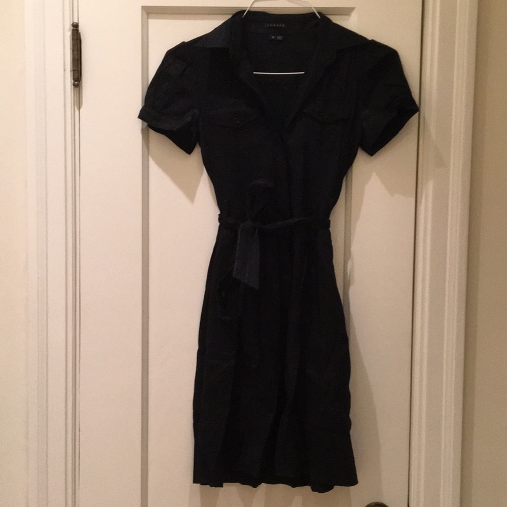 Theory black button-up belted linen dress
